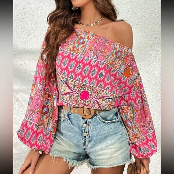 Boho floral print off shoulder lantern sleeve blouse - Picture 6 of 16